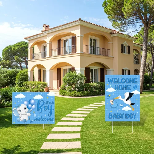 Miniatura 5 de 2 carteles decorativos de bienvenida para el patio del bebé, niño y niño, con estacas, diseño de elefante azul para baby shower, suministros de Azul