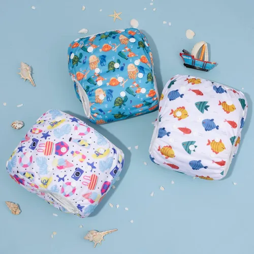 Miniatura 7 de Alva, Pañales de bebé para nadar, paquete de 2 unidades, talle único, reutilizable, lavable y ajustable de 0 a 36 meses. Tamaño de 10 a 40 lbs
