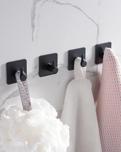 Paquete de 4 ganchos adhesivos, gancho negro para toallas para baños, gancho de pared de acero inoxidable resistente, gancho impermeable para colgar