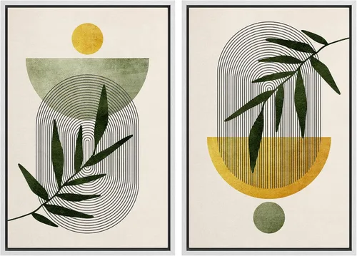 Miniatura 95 de IDEA4WALL Lienzo enmarcado para pared, juego de arte Bauhaus dorado de mediados de siglo, patrón de cuadrícula moderna, ilustraciones con formas