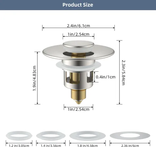 Miniatura 4 de Hibbent Paquete de 2 tapones universales de metal para lavabo de 1.1 a 2.3 pulgadas, colador de drenaje de fregadero emergente, tapón tipo empuje