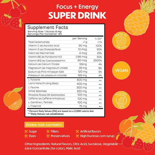 Miniatura 2 de Forgge Polvo de Mezcla para Bebida Energética Saludable - Cafeína Limpia + Vitaminas B12, B6, C y D - Polvo de Bebida Energética sin Azúcar