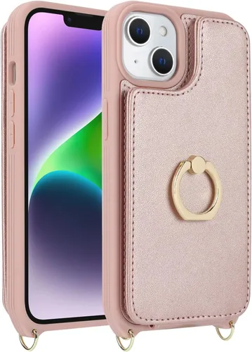 Miniatura 9 de Lipvina Funda para iPhone 14 Plus con tarjetero y correa para mujer, cordón cruzado, bloqueo RFID, soporte de anillo de soporte, cierre a presión
