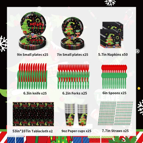 Miniatura 2 de Juego de vajilla de fiesta de Navidad, sirve 25 suministros de fiesta navideña, platos desechables, mantel, vasos, tenedores, cucharas, cuchillo