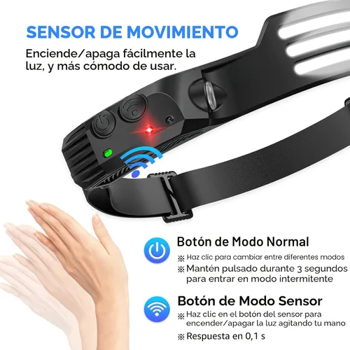 Miniatura 5 de DAWINSIE Linterna frontal LED recargable (2 unidades), lámpara de cabeza de haz ancho de 230° con sensor de movimiento, linterna impermeable
