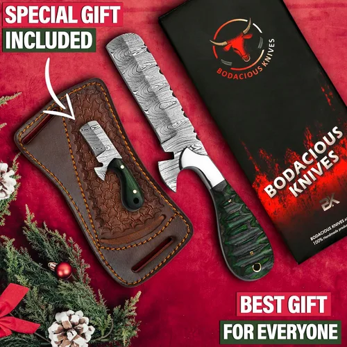 Miniatura 9 de 8" Cuchillo de corte de toro de Damasco hecho a mano con funda de cuero - Cuchillo de vaquero occidental para caza, despellejado, acampada y Verde