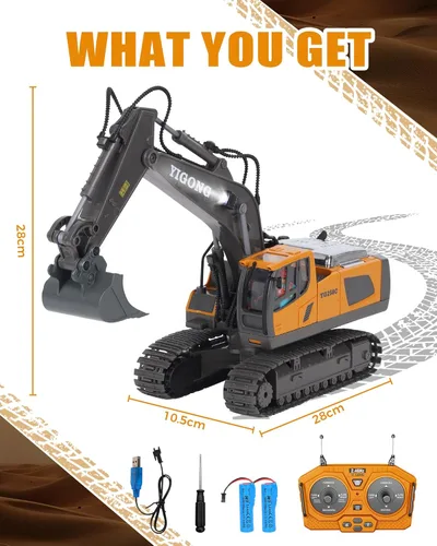 Miniatura 9 de HuiJuKeJi Juguete de excavadora de control remoto de 11 canales, vehículo de construcción RC recargable de 2.4 GHz para niños, rotación de 680°