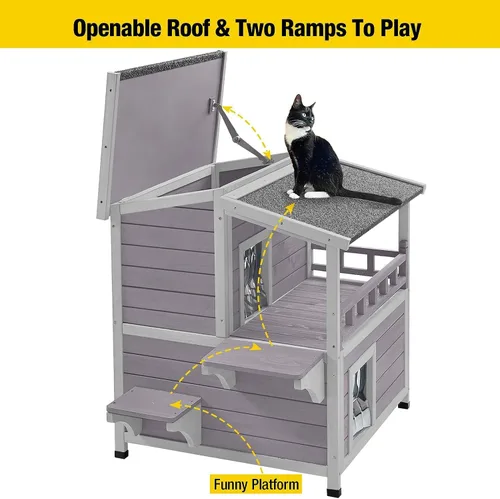 Miniatura 2 de Aivituvin Casa de gatos al aire libre resistente a la intemperie con dos pisos, refugio para gatos salvajes con puertas de escape, madera maciza