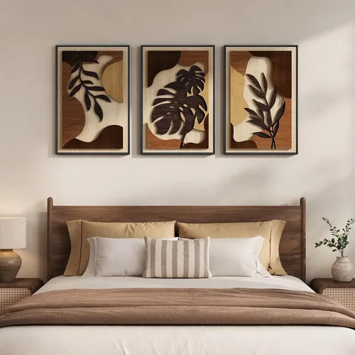 Miniatura 7 de Arte de pared de madera 3D con textura bohemia 3D para dormitorio, 3 piezas de arte de madera tallada botánica tropical para paredes, hoja de Marrón
