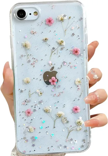Miniatura 19 de LSEEKA Funda transparente para iPhone 13 Mini/iPhone 12 Mini con diseño de flores reales prensadas, con purpurina, bonito patrón floral blanco, Oro