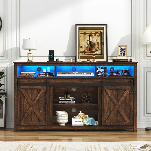 Miniatura 7 de Soporte de TV LED Estilo Casa de Campo para TVs de 65 pulgadas, Centro de Entretenimiento Rústico Soportes de Gabinete de TV con Tomas de Corriente