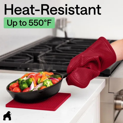 Miniatura 4 de GORILLA GRIP Juego de 4 manoplas de horno de silicona suave sin BPA y soportes para ollas, resistentes al calor, forro de algodón grueso, agarre Rojo