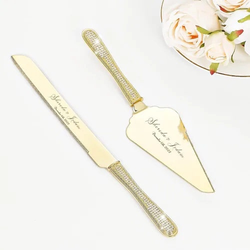 Miniatura 7 de Juego de cuchillo y servidor para pastel de boda, juego de corte de pastel personalizado, elegantes cortadores de pasteles grabados con diamantes