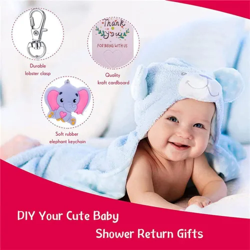 Miniatura 6 de Juego de 50 llaveros de elefante para baby shower, recuerdos de fiesta temática de elefante, suministros de fiesta de cumpleaños para niños y niñas