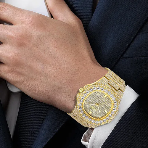 Miniatura 37 de Gosasa Reloj de pulsera unisex de cristal para hombre y mujer, reloj cubano con brillo completo, oblongo de plata/oro, reloj de pulsera de acero