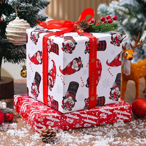 Miniatura 4 de ZINTBIAL Papel de regalo de Navidad para niños y adultos, papel de regalo de Navidad con cuadros rojos/negros, renos, gnomos, palabras "Ho Ho", 28 x