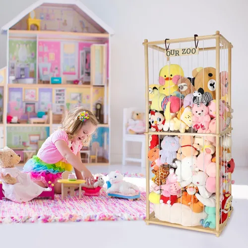 Miniatura 2 de Estante organizador grande de peluche de 63 pulgadas para niños, estante organizador de almacenamiento de felpa de madera con cordón elástico