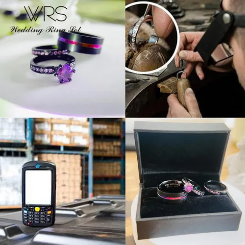 Miniatura 3 de Juego de anillos de boda His Hers para parejas, anillos a juego para mujer, chapado en oro negro de 18 quilates, circonita violeta, anillos