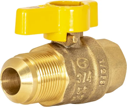 Válvula de bola de gas recta Eastman de latón, 1/2 pulgada FIP x 15/16 pulgada OD Flare hembra, mango de 1/4 vuelta, 60031