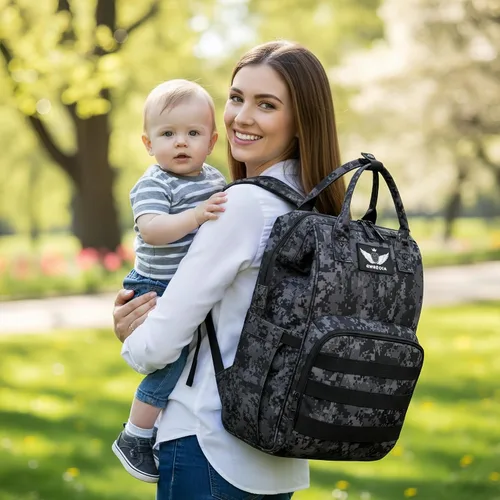 Miniatura 7 de Mochila para pañales con puerto de carga USB, correas para cochecito y bolsillo aislado, mochila militar del ejército de viaje para papá/mamá negro