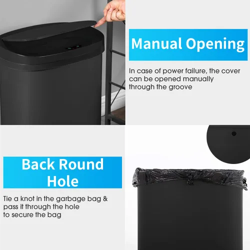 Miniatura 5 de BestOffice Basurero de plástico negro de alta capacidad sin contacto con tapa, 49L/13G, rectangular, cierre silencioso, cocina, dormitorio, baño