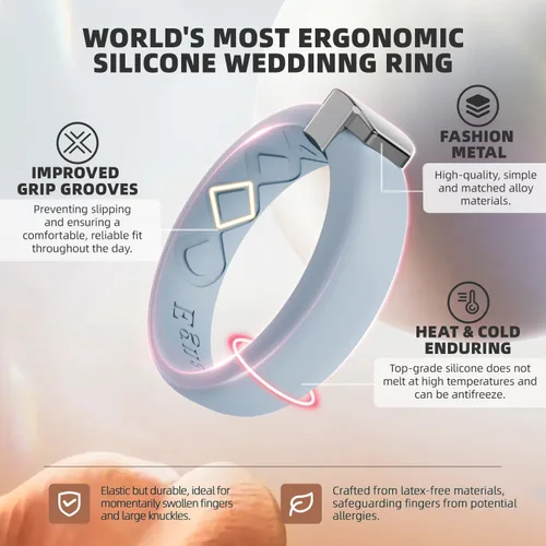 Miniatura 57 de Egnaro - Anillo de boda de silicona para mujer, diseño ergonómico y transpirable, ancho de 0.15 pulgadas, bandas de silicona flexibles con placa