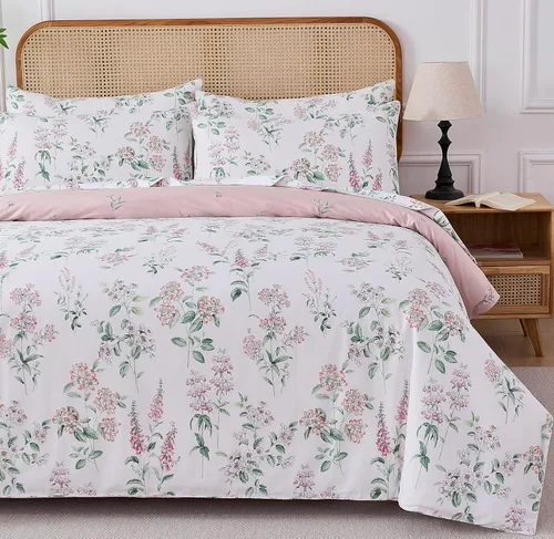 Helthep - Juego de funda de edredón floral, tamaño Queen, 100% algodón, con patrón de flores rosas, funda de edredón vintage con hojas verdes