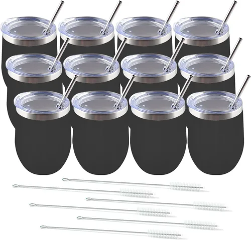 Miniatura 11 de Amtidy Paquete de 12 vasos de acero inoxidable con recubrimiento en polvo con tapa, equipado con popote y cepillo para pajilla, vaso de viaje