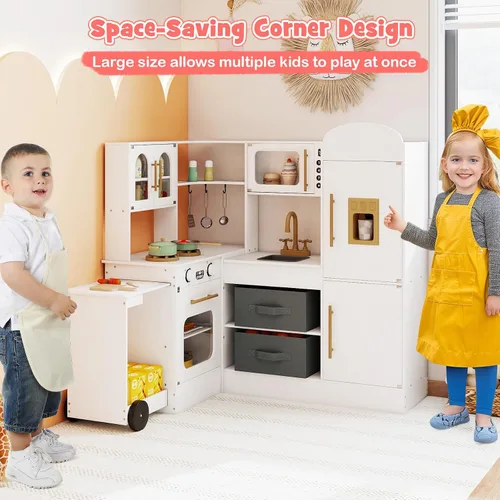 Miniatura 7 de HONEY JOY Cocina de Juego de Esquina con Carrito Rodante, Juego de Cocina de Juguete de Madera de Simulación con Luces, Máquina de Hielo, Estufas