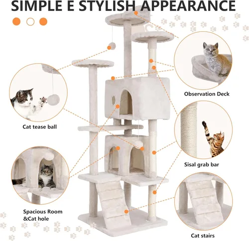 Miniatura 7 de Árbol para gatos resistente con torre de 70 pulgadas de alto, 3 perchas y 2 condominios acogedores, poste de sisal y escaleras para gatos grandes