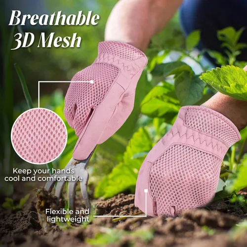 Miniatura 3 de HANDLANDY Work Gloves for Women, Breathable Leather Gardening Glove for Yard Maintenance, Hand Protection with Touch Screen Rosa claro