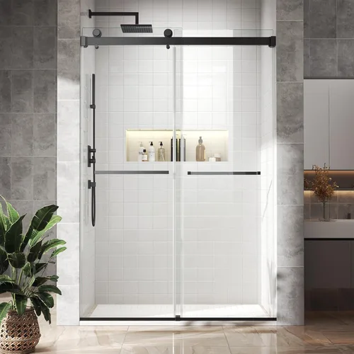 Puerta de ducha doble deslizante de 44 a 48 pulgadas de ancho x 72 pulgadas de alto, puerta de ducha sin marco de vidrio templado transparente de