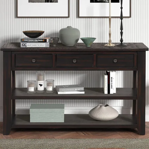 Miniatura 17 de Mesa consola multifunción vintage, mesa de sofá moderna de 62.2 pulgadas con 4 cajones y 2 estantes de almacenamiento, aparador de madera para Blanco