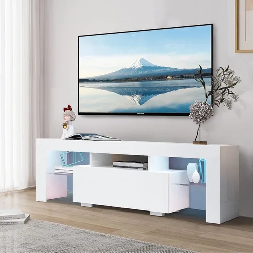 Miniatura 5 de Soporte de TV LED blanco moderno centro de entretenimiento para TV de 65 pulgadas, gabinete de TV de madera con luces LED, soportes de televisión