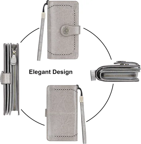 Miniatura 4 de Lavemi - Cartera de piel con bloqueo RFID para mujer, de gran capacidad, para llevarla a la muñeca