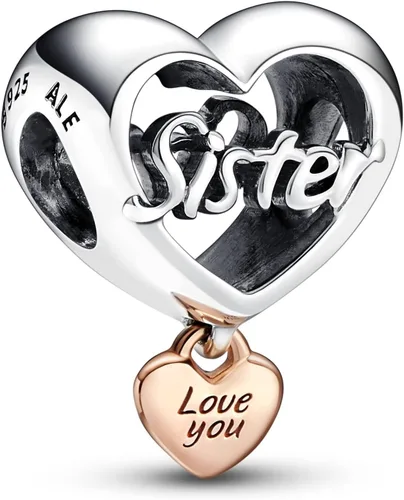 PANDORA Abalorio de corazón Love You Sister – Compatible con PANDORA Moments – Impresionante joyería para mujer – Hecho con rosa PANDORA y plata de