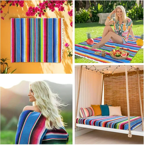 Miniatura 4 de OurWarm Mantel mexicano de 59 x 84 pulgadas para decoración de bodas y fiestas mexicanas, mantel cuadrado grande de algodón con flecos, manta Azul