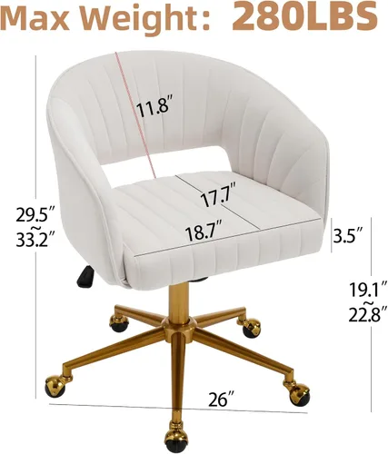Miniatura 3 de Westice Sillas de escritorio de oficina en casa, moderna silla rodante de terciopelo, silla giratoria de altura ajustable con base dorada, silla
