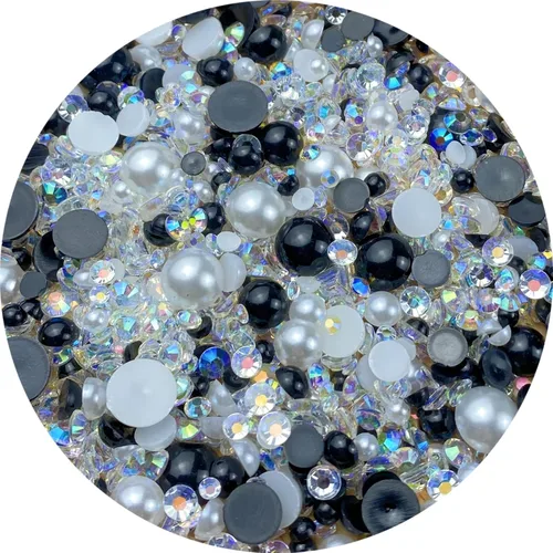 Miniatura 9 de Cuentas de resina mixta con diamantes de imitación y perlas semirredondas, 30 g, diamantes de imitación de parte trasera con perlas medias