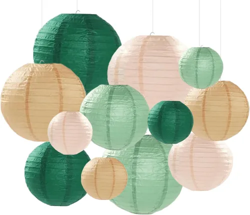 Miniatura 14 de Linternas de papel decorativas verdes y naranjas, 15 piezas, para colgar en fiestas de despedida de soltera, boda, cumpleaños, baby shower