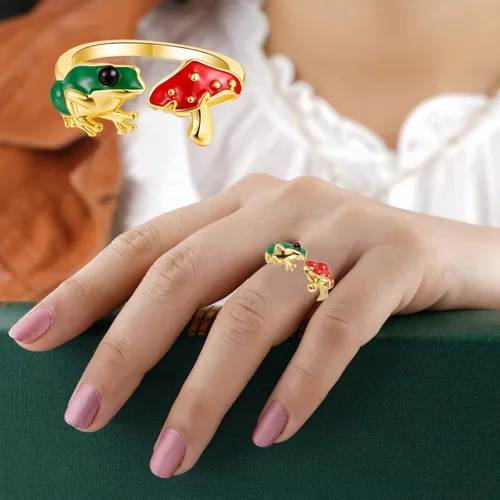 Miniatura 4 de Green Frog Red Mushroom Open-Rings for Women-Girls - Gold Silver Plated Cute Colorful Frog Mushroom Aesthetics Jewelry for BirthdayNew