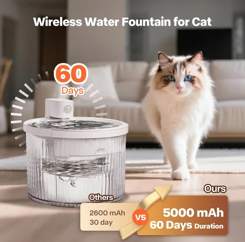 Miniatura 2 de Sharper Image Fuente de agua inalámbrica para gatos, bomba ultra silenciosa de 68 oz/2 L, fuente de agua inalámbrica para gatos, fuente recargable