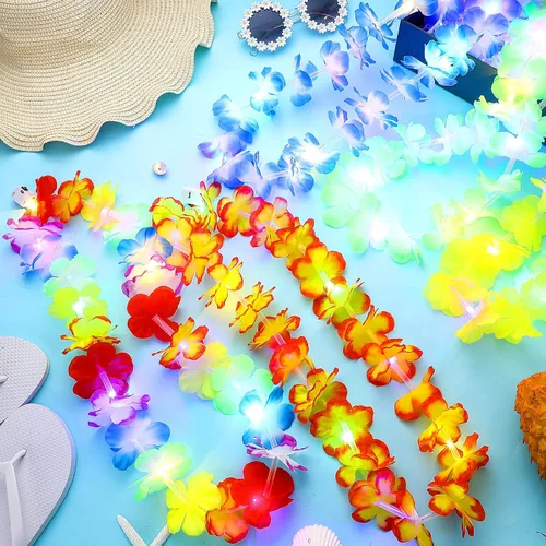 Miniatura 3 de Giegxin 12 collares con luces LED hawaianas Lei tropicales con luces LED Lei de arco iris artificial para niños y adultos, fiesta temática Hawaii