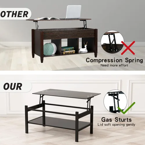 Miniatura 6 de Meihua Mesa de Centro de Cristal con Tapa Elevable con Compartimento de Almacenamiento y Estantes Abiertos Separados, Tapa de Mesa Elevable