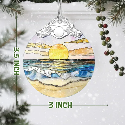 Miniatura 3 de Adorno de Vidrio Manchado de Puesta de Sol en la Playa, Adorno Navideño – Decoración de Árbol de Navidad, Decoración Festiva, Relleno de Calceti