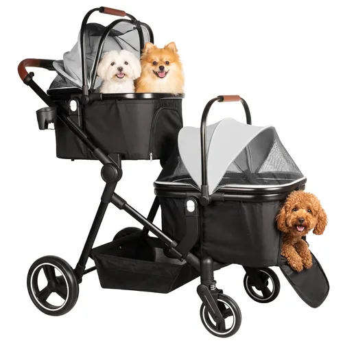 Miniatura 12 de Carriola doble plegable para mascotas para 2 gatos y perros pequeños y medianos, carriola integrada ligera para mascotas, individual y doble