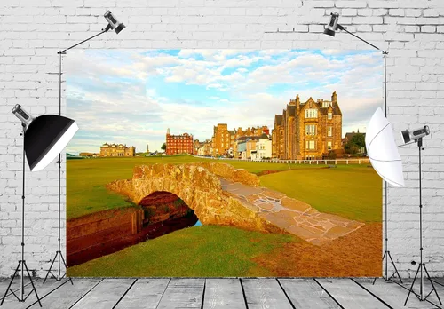 Miniatura 4 de Telón de fondo de tela de 15 x 10 pies para fotografía de campo de golf antiguo de Escocia Swilcan Bridge al atardecer, hermoso fondo británico
