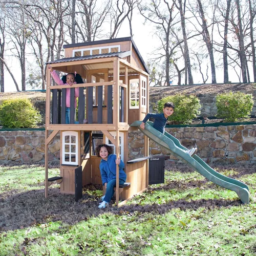 Miniatura 5 de KidKraft Cliffbrook - Casa de juegos de madera para exteriores de dos pisos con tobogán