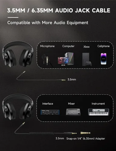 Miniatura 8 de AOC Auriculares con cable, auriculares con monitor de estudio de DJ sobre la oreja con tiempo de reproducción de 72 horas, conector de 0.138