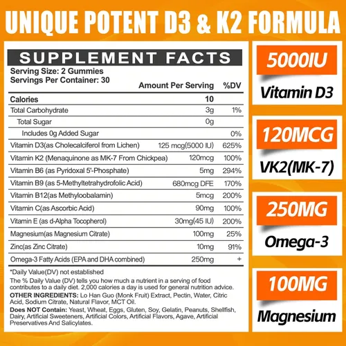 Miniatura 2 de Gomitas de vitamina D3 K2 para adultos – Vitamina D3 5000IU + K2 (MK-7) 120mcg – Suplementos D3 y K2 sin azúcar con omega-3, metilo B12, B9, B6